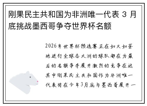 刚果民主共和国为非洲唯一代表 3 月底挑战墨西哥争夺世界杯名额