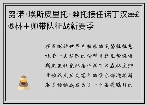 努诺·埃斯皮里托·桑托接任诺丁汉森林主帅带队征战新赛季 努诺·埃斯皮里托·桑托接任诺丁汉森林主帅带队征战新赛季